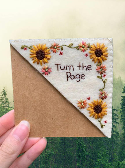 Handcrafted Felt Bookmark - "Turn the Page" with Sunflower Design