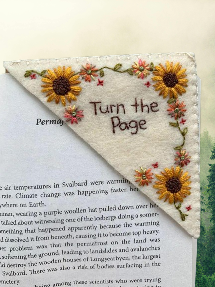 Handcrafted Felt Bookmark - "Turn the Page" with Sunflower Design
