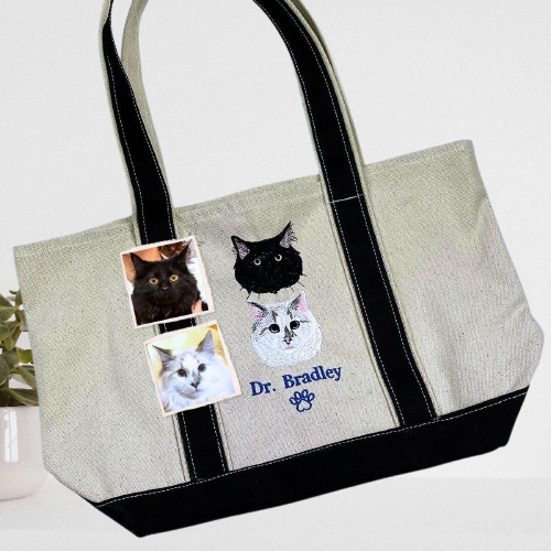 Unique Cat Mom Tote Bag – Custom Embroidered Cat Photo Design