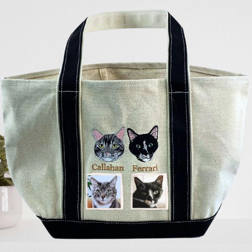 Unique Cat Mom Tote Bag – Custom Embroidered Cat Photo Design