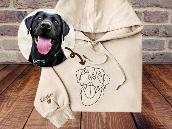 Custom Dog Mom Sweatshirt – Embroidered Line Art Dog Portrait with Name on Sleeve