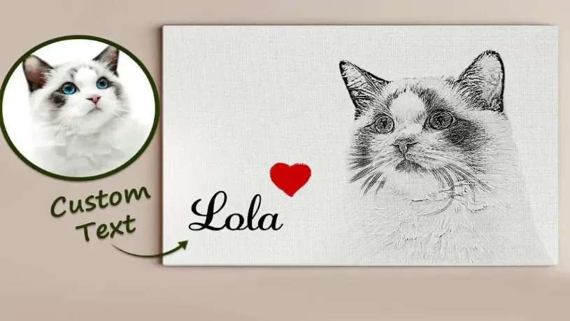 Hand-painted style canvas portrait of a tabby cat propped on a wooden shelf beside a vase of dried flowers and a lit candle