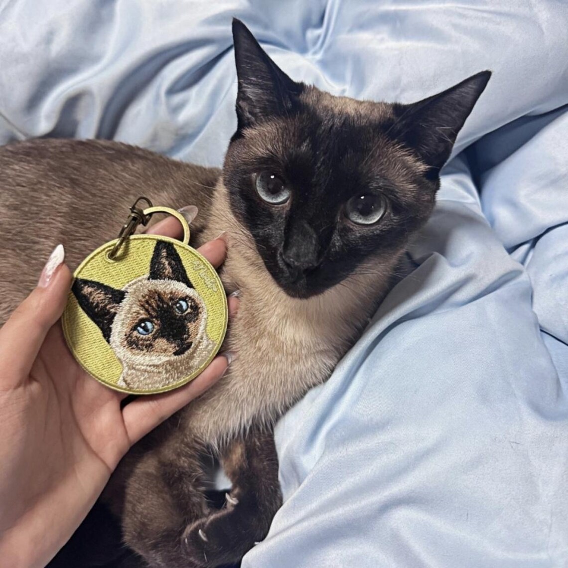 ✨ 定制刺绣宠物钥匙扣 | 刻爱宠名字+爪印吊饰 | 柔和色彩+银珠点缀 | 暖心独家礼物