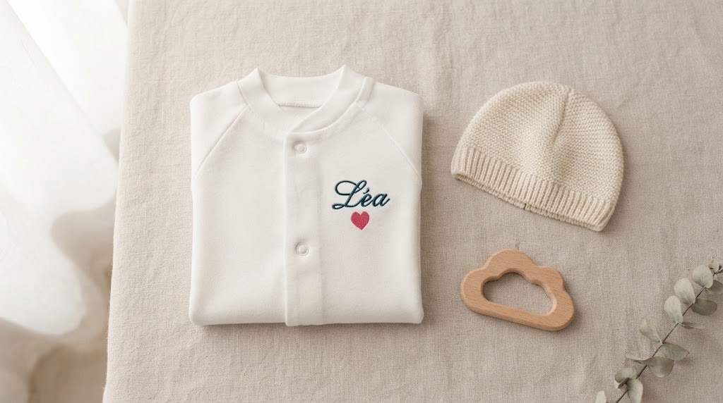Folded newborn pajama set with embroidered baby name flat lay beside a small knitted hat