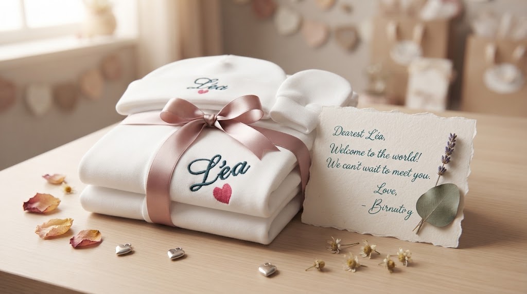 Personalized newborn pajamas presented as a baby shower gift with a card
