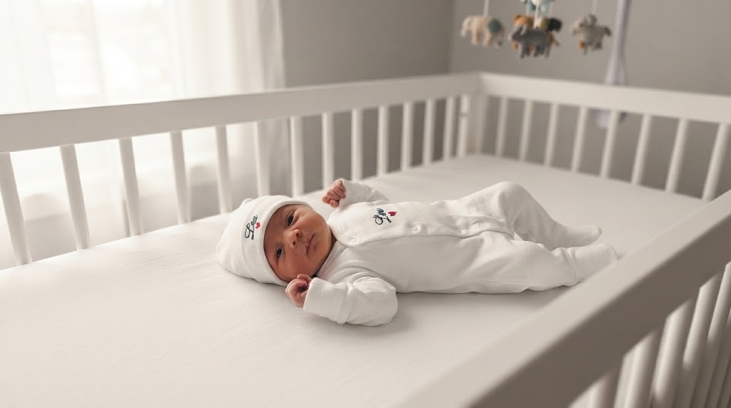 Newborn baby in white embroidered pajamas and matching hat, lying in a crib