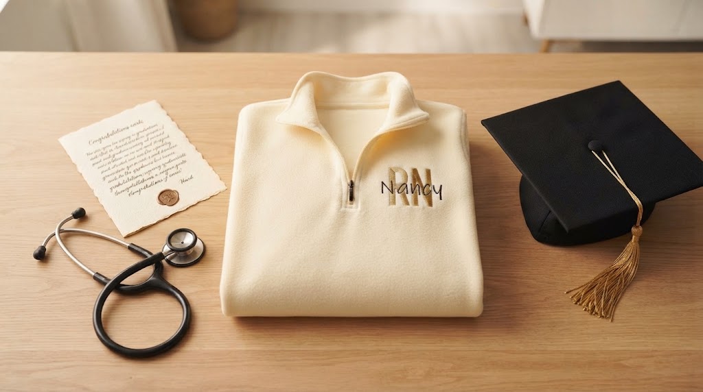 Personalized nurse jacket presented as a nursing school graduation gift
