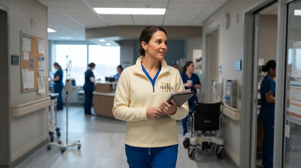 Nurse wearing personalized embroidered jacket over scrubs in hospital hallway