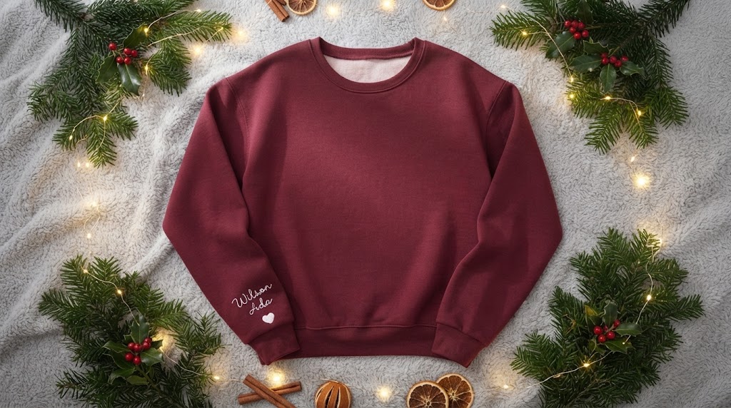 Custom text sweatshirt with a personalized name, styled for Christmas