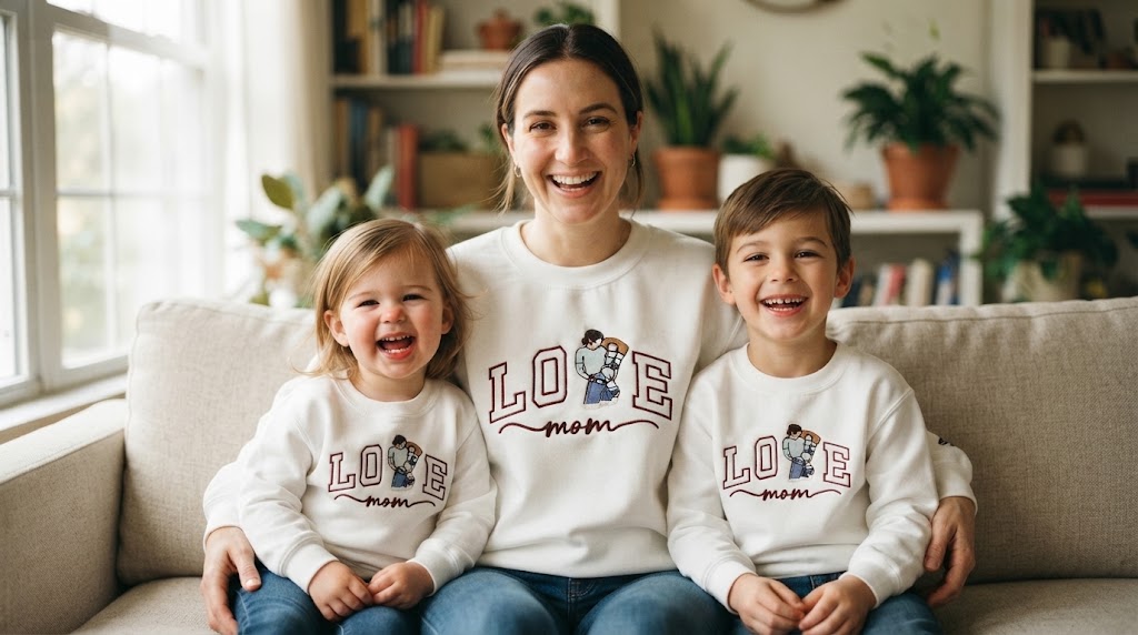 Mother and two children on a sofa wearing matching personalized family hoodies