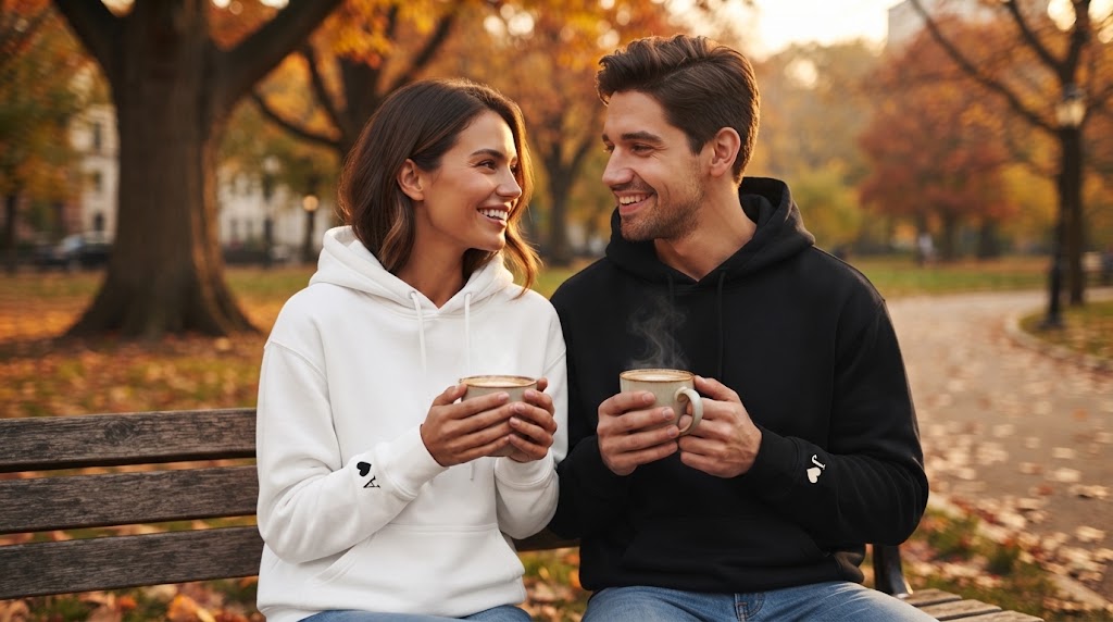 Couple wearing matching personalized hoodies for couples on a park bench in autumn