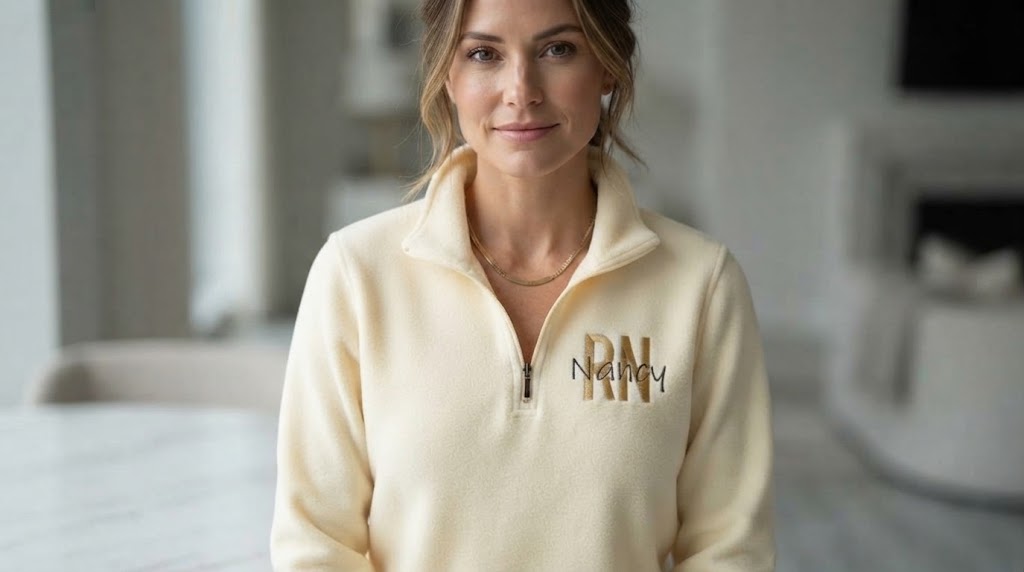Woman wearing a cream quarter-zip nurse jacket with embroidered "RN" and a name on the chest