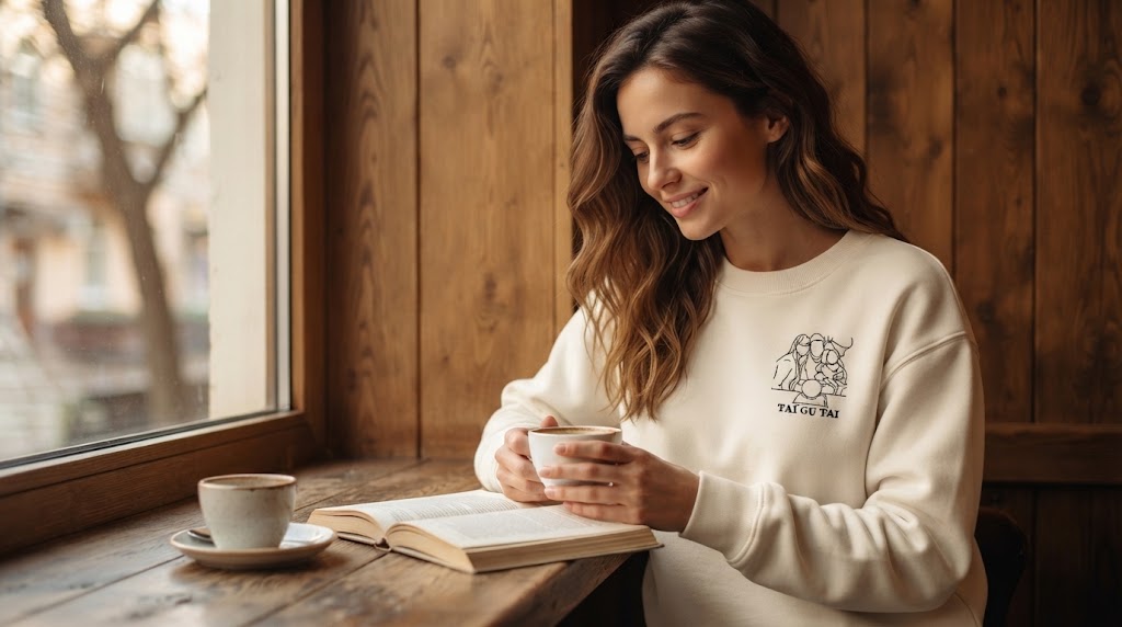 Woman in a photo hoodie style embroidered sweatshirt reading by a cafe window