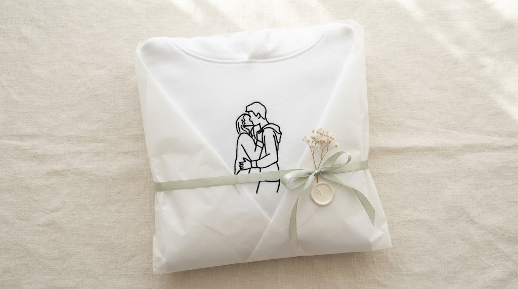 Folded custom photo hoodie wrapped as a gift