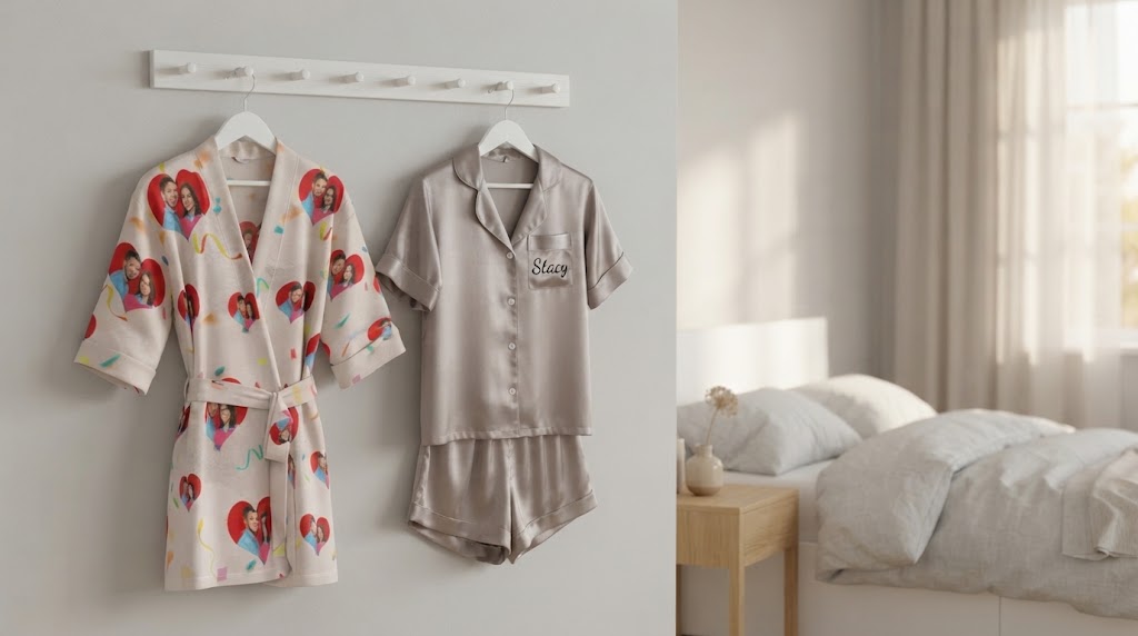 Women's short pajama set with kimono robe, personalized with a photo