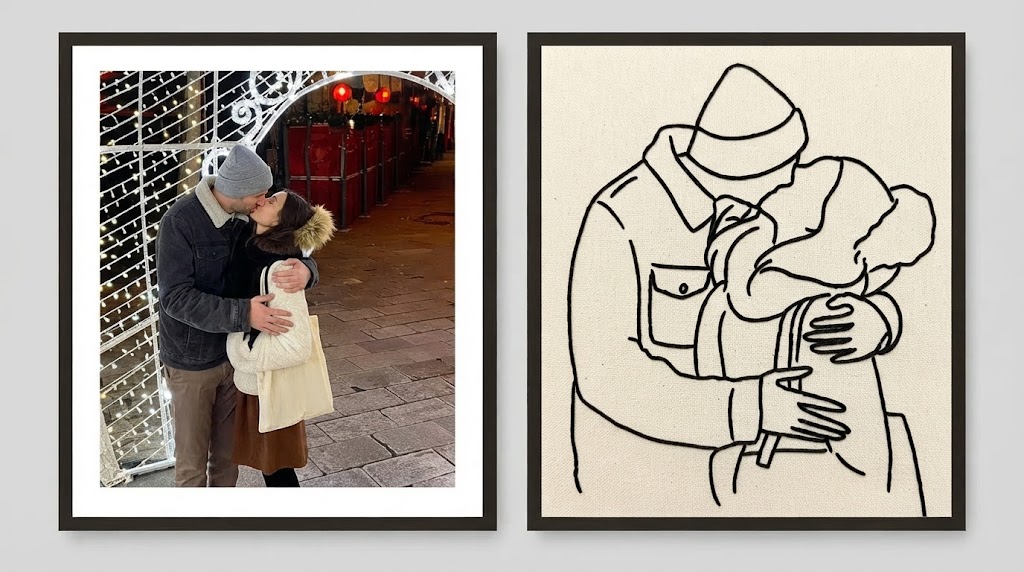 Photo next to its embroidered line drawing on a custom hoodie