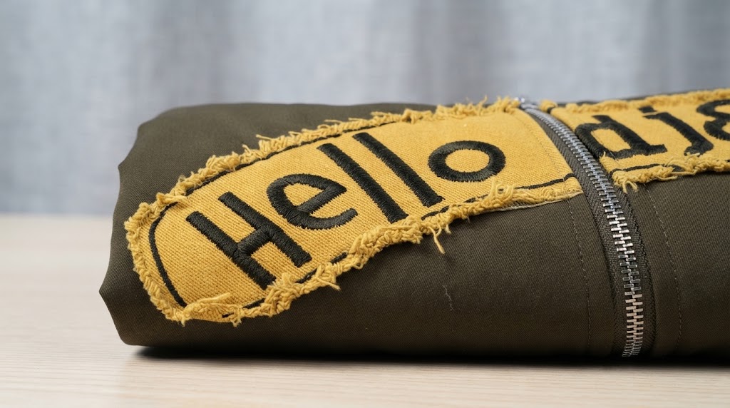 "Hello" patch on an olive green jacket