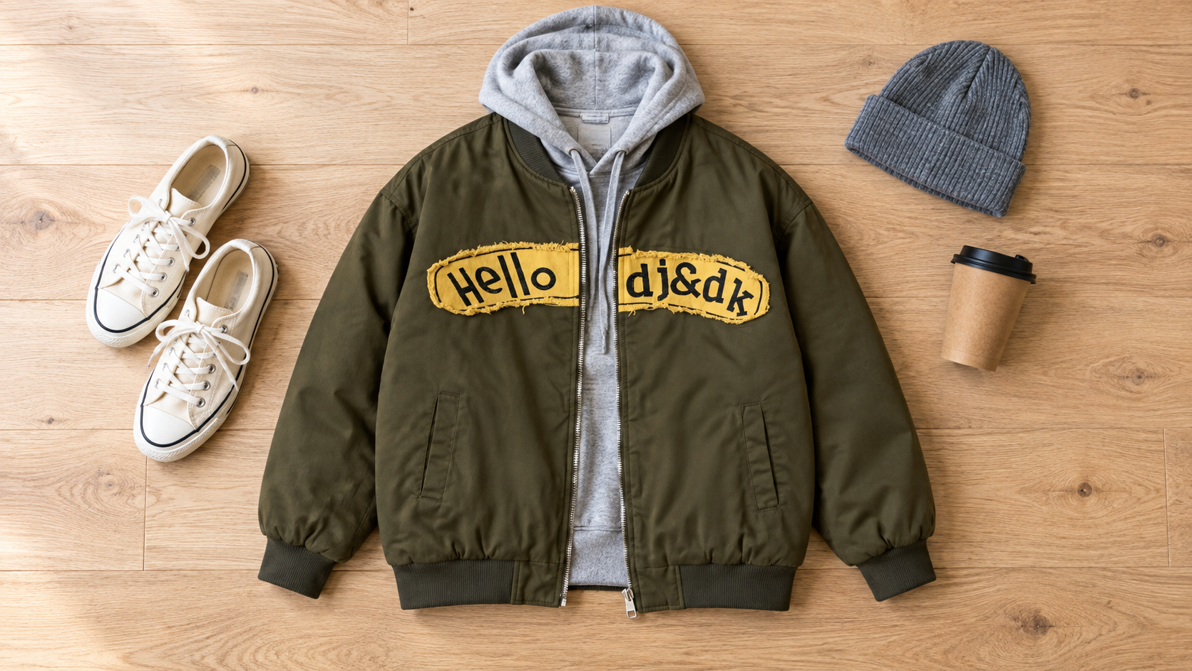 Olive green Snoopy puffy coat style baseball jacket layered over a gray hoodie in a flat lay