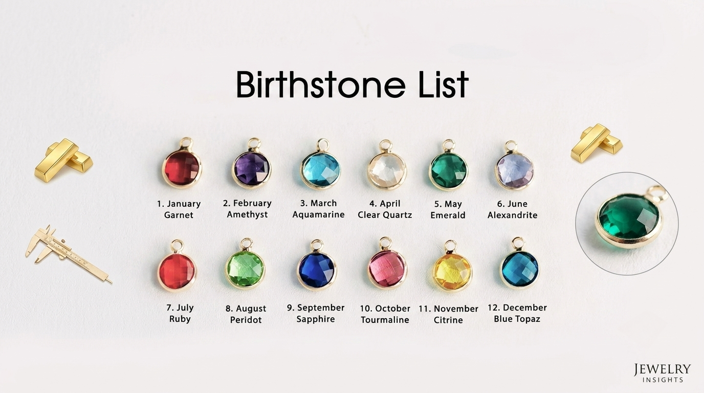 12 months birthstone list featuring bezel set charms from January Garnet to December Blue Topaz.