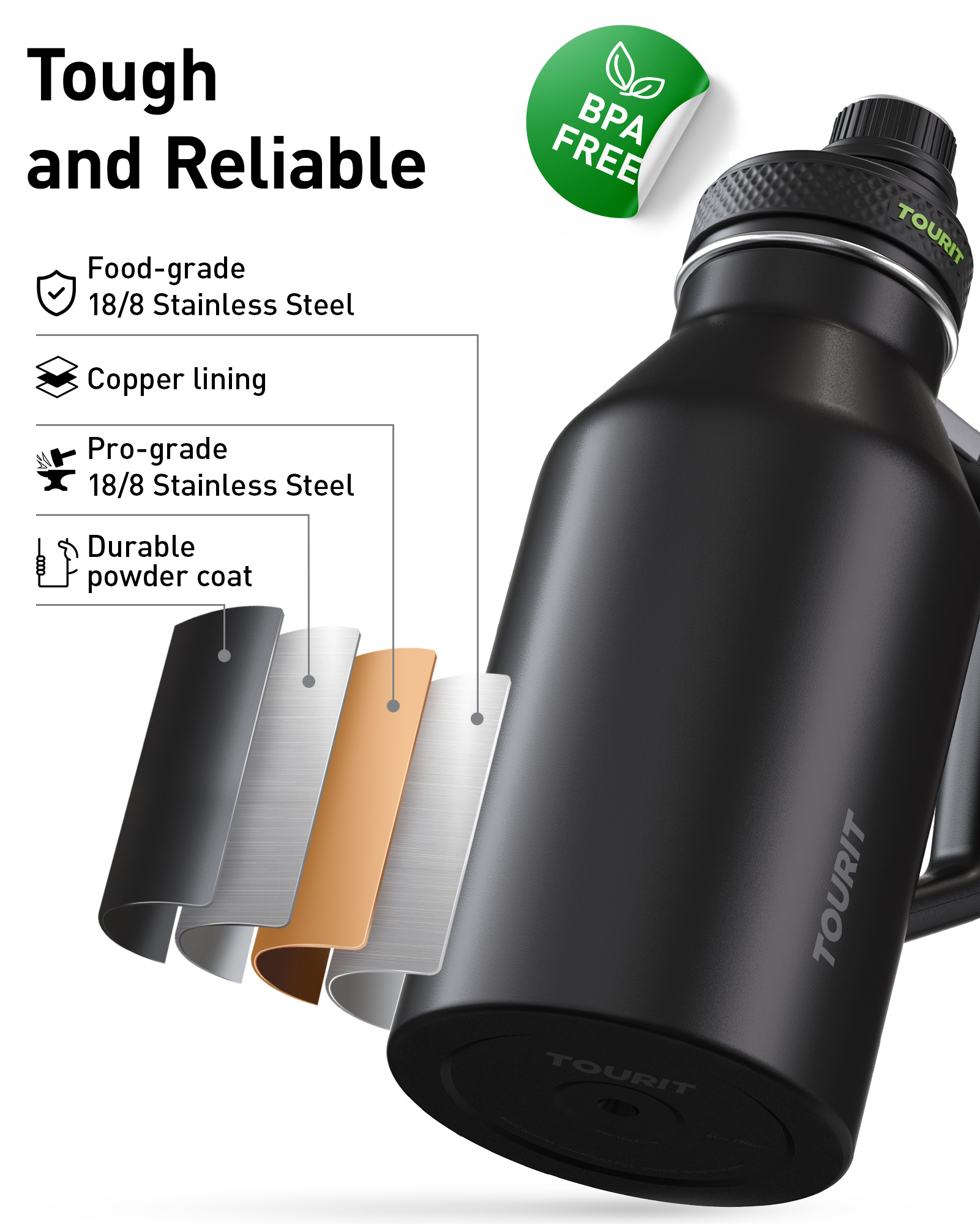 TOURIT 64oz Insulated Water Bottle Stainless Steel Black