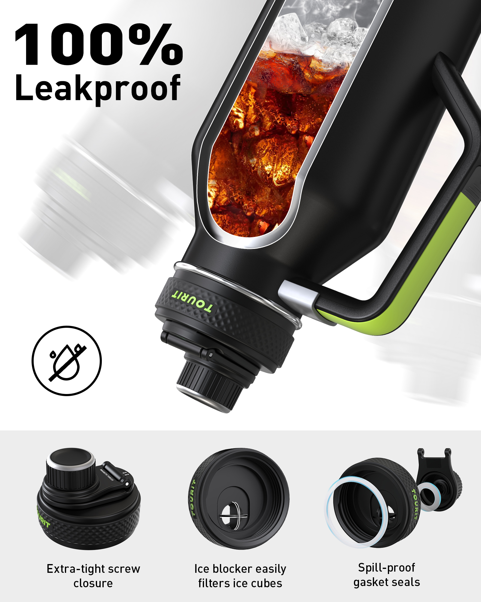 TOURIT 64oz Insulated Water Bottle Stainless Steel Black