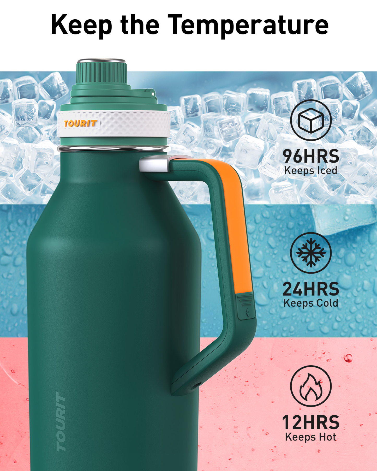 TOURIT 64oz Insulated Water Bottle Stainless Steel Green