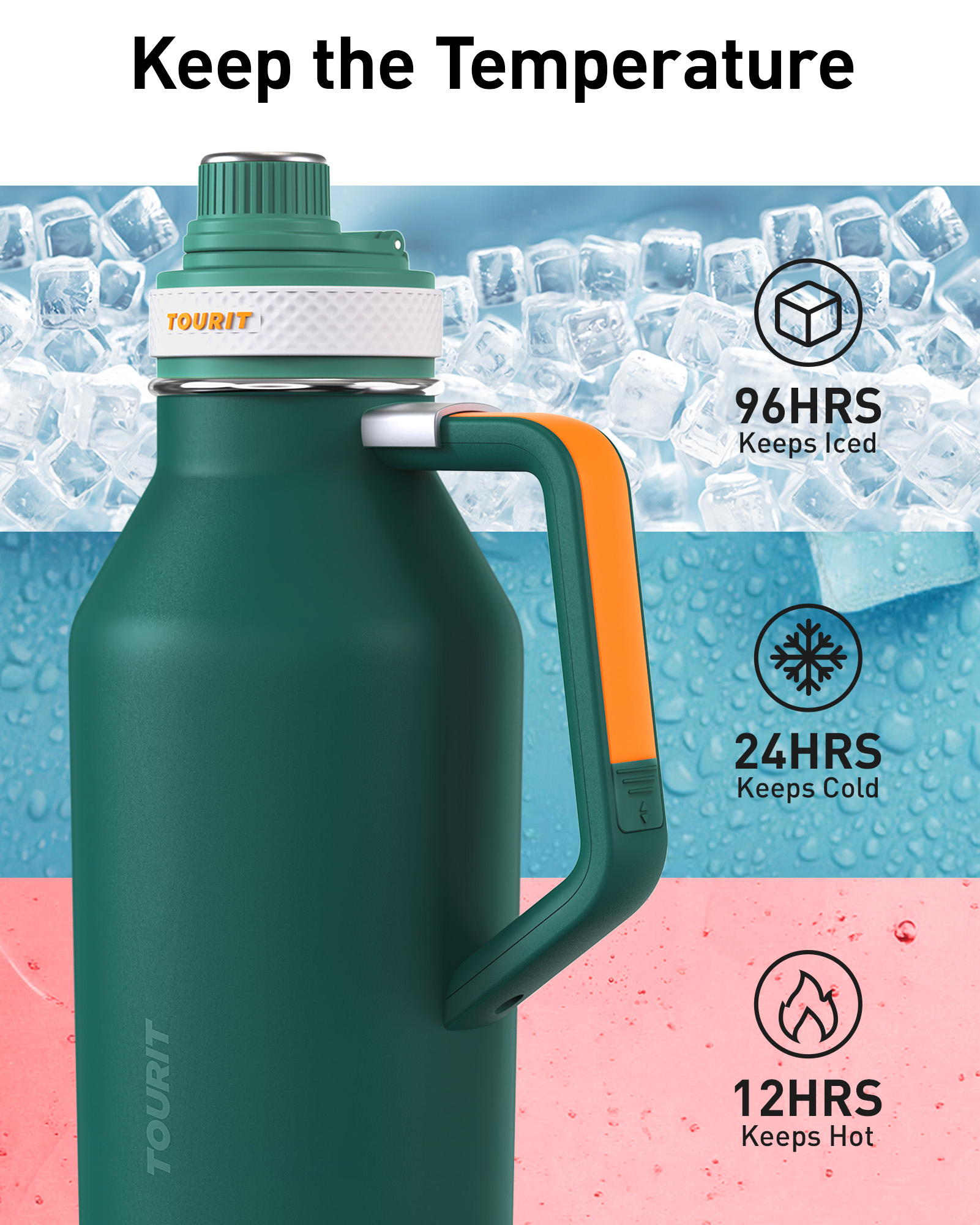TOURIT 64oz Insulated Water Bottle Stainless Steel Green