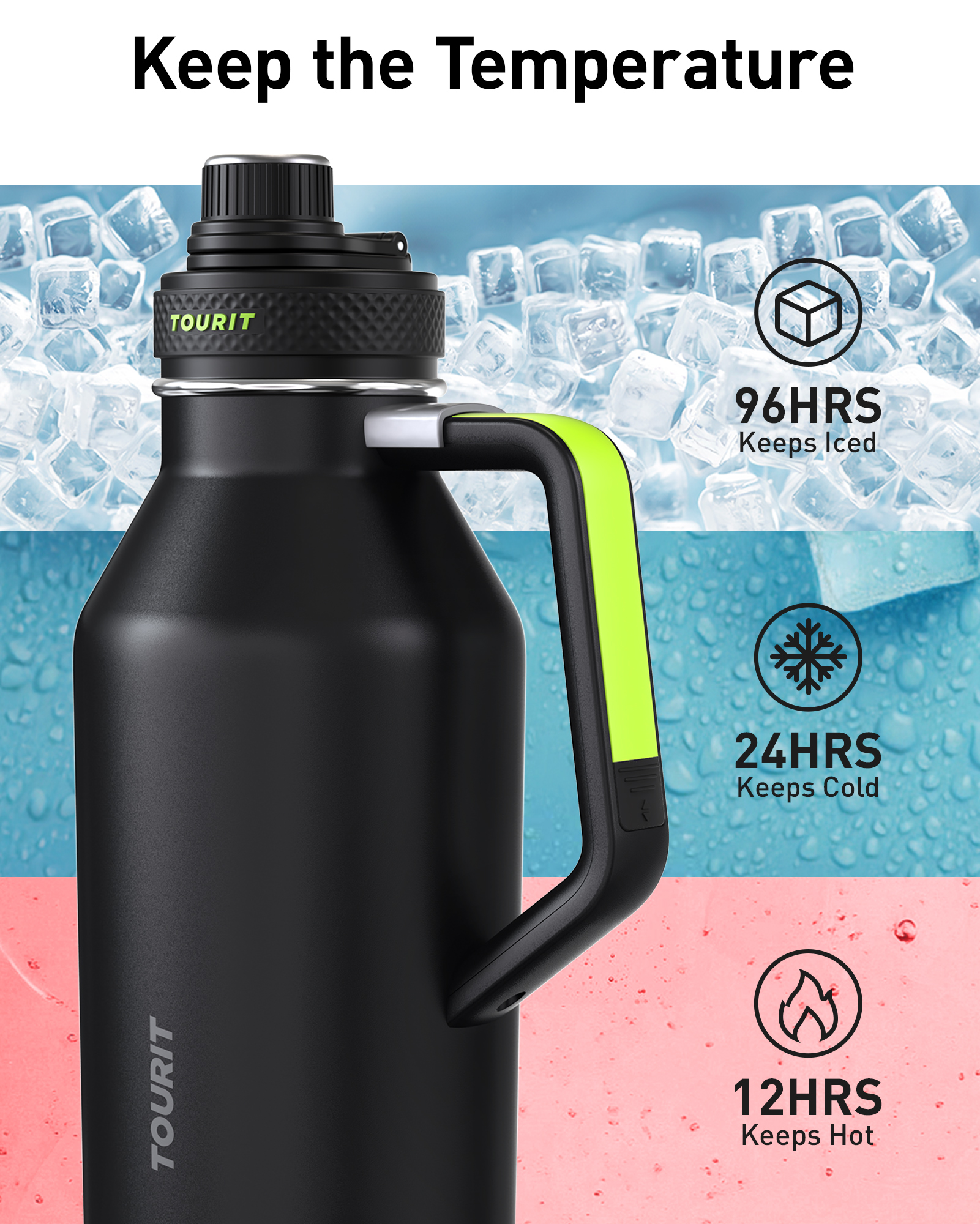 TOURIT 64oz Insulated Water Bottle Stainless Steel Black