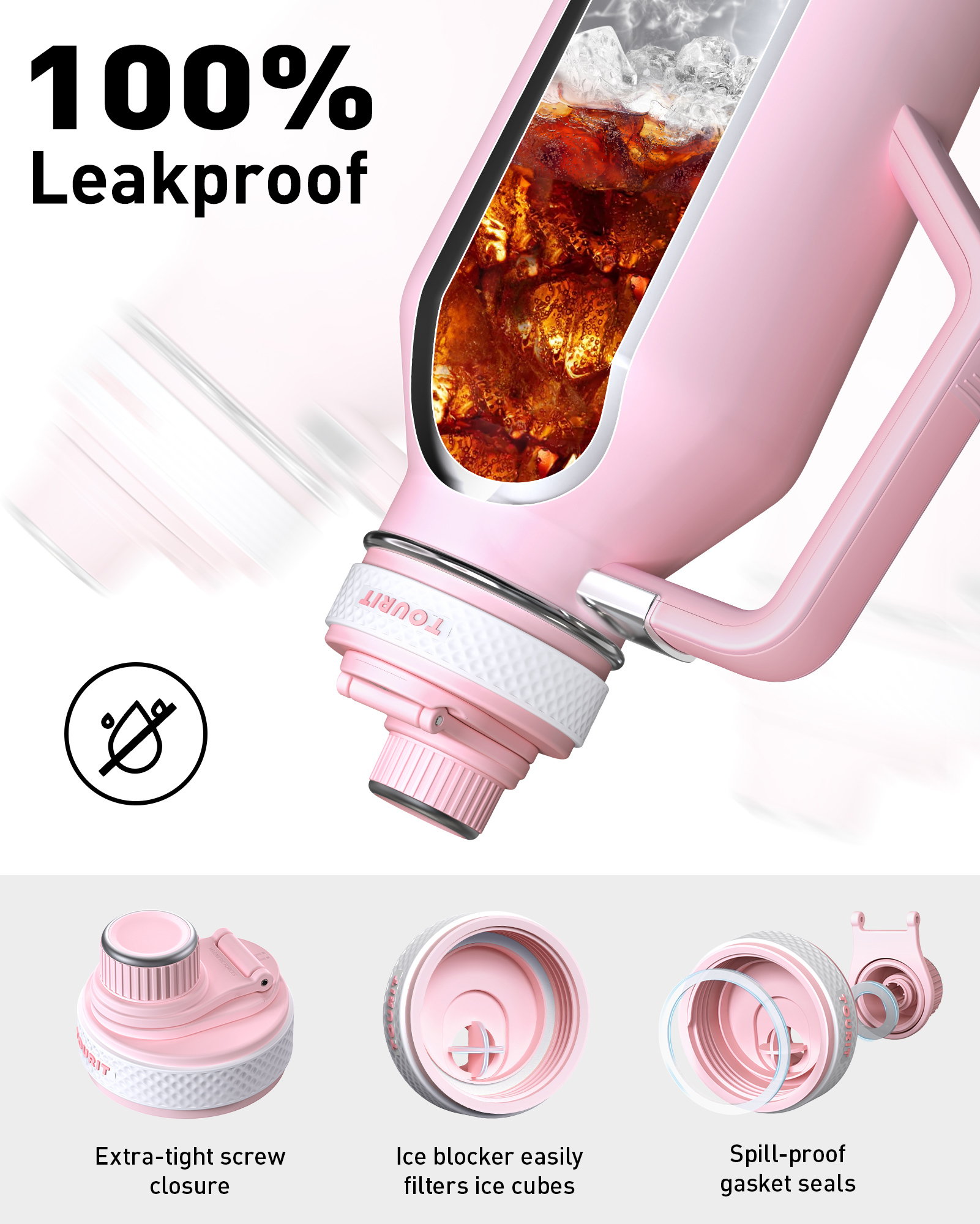 TOURIT 64oz Insulated Water Bottle Stainless Steel Pink