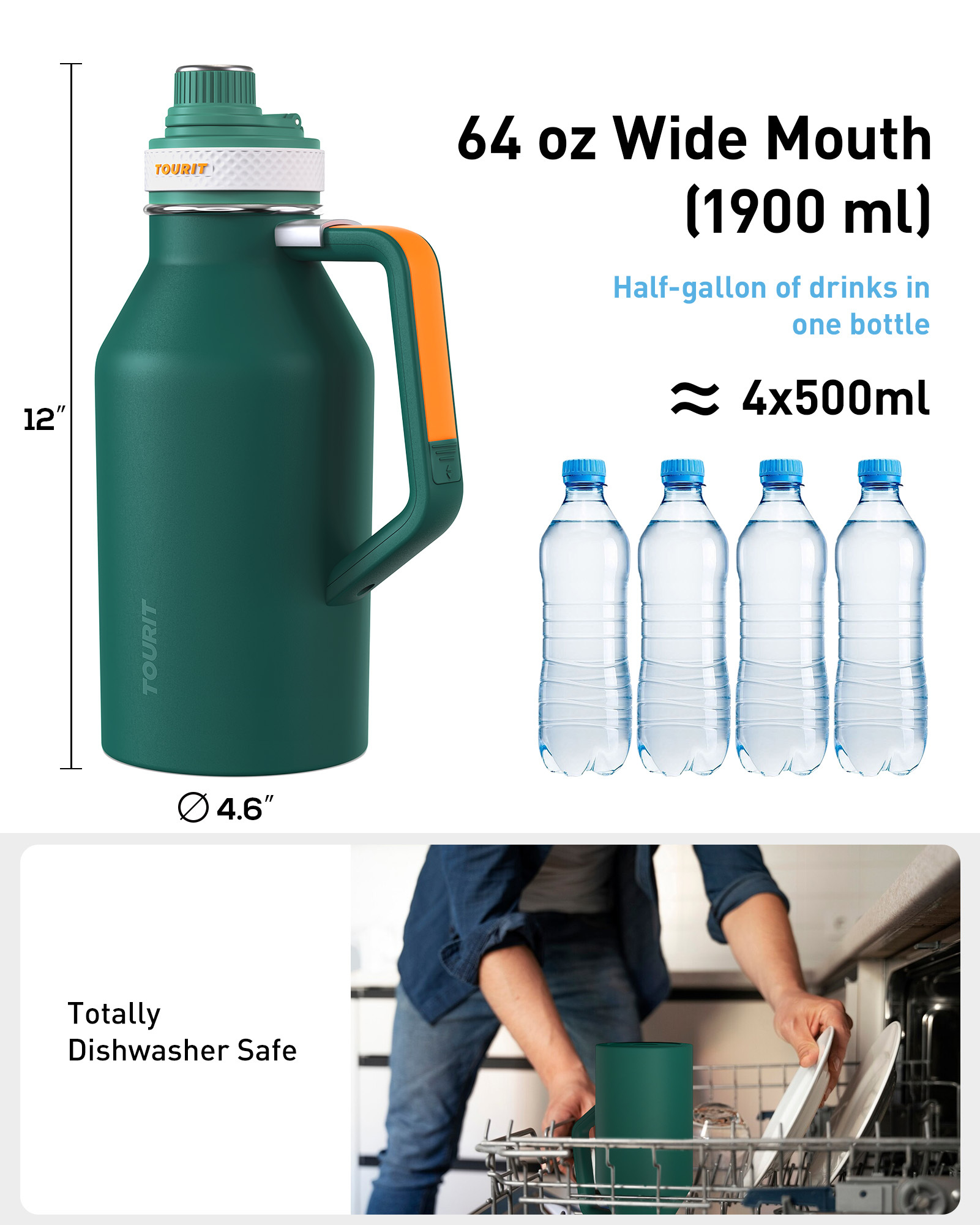 TOURIT 64oz Insulated Water Bottle Stainless Steel Green