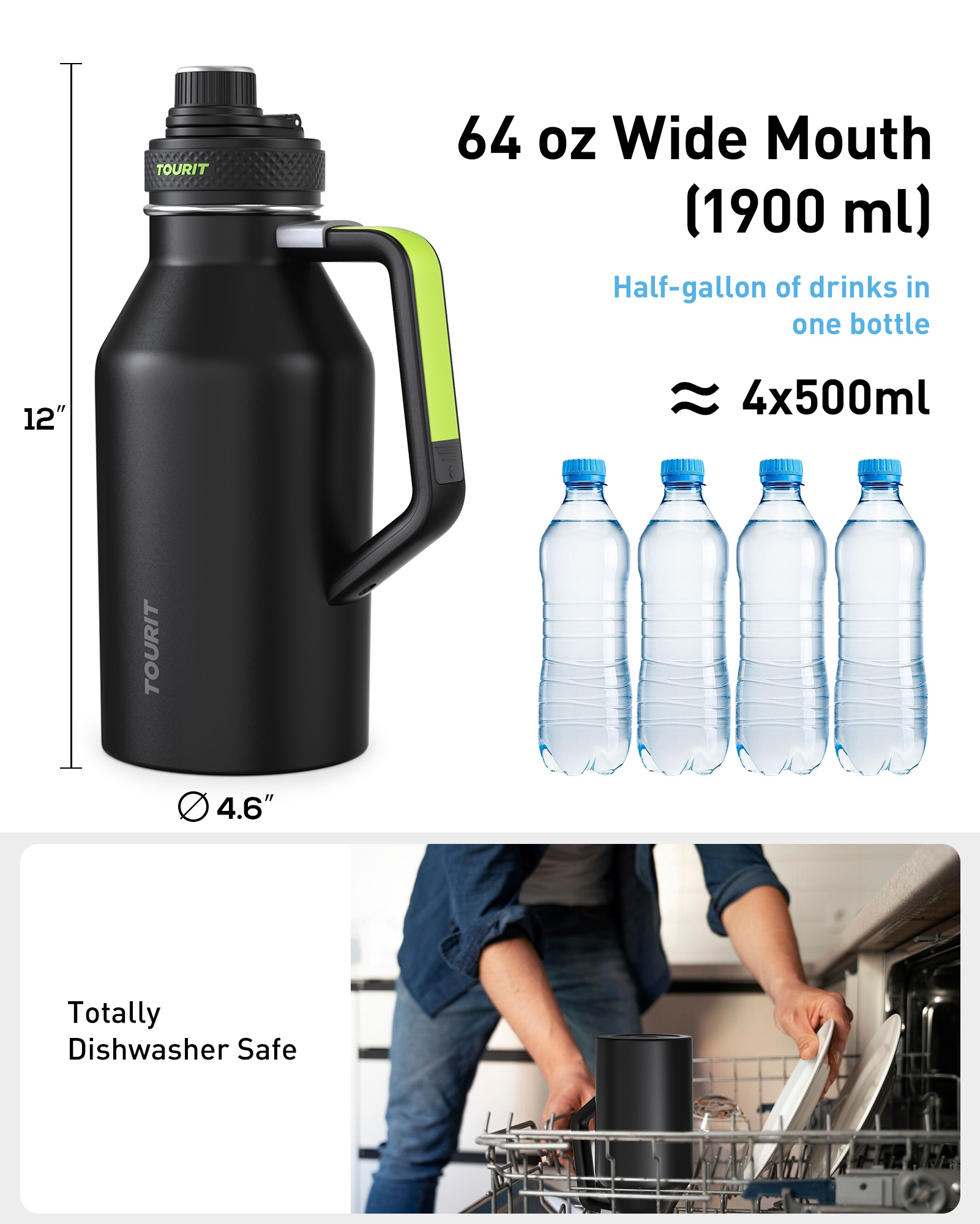 TOURIT 64oz Insulated Water Bottle Stainless Steel Black