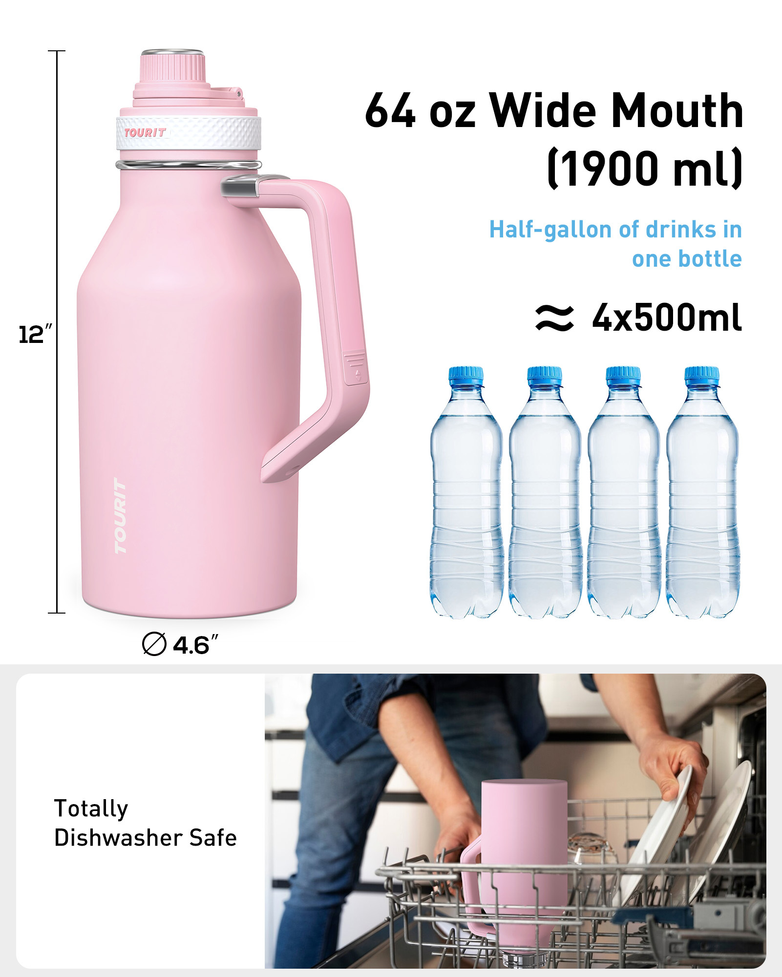 TOURIT 64oz Insulated Water Bottle Stainless Steel Pink