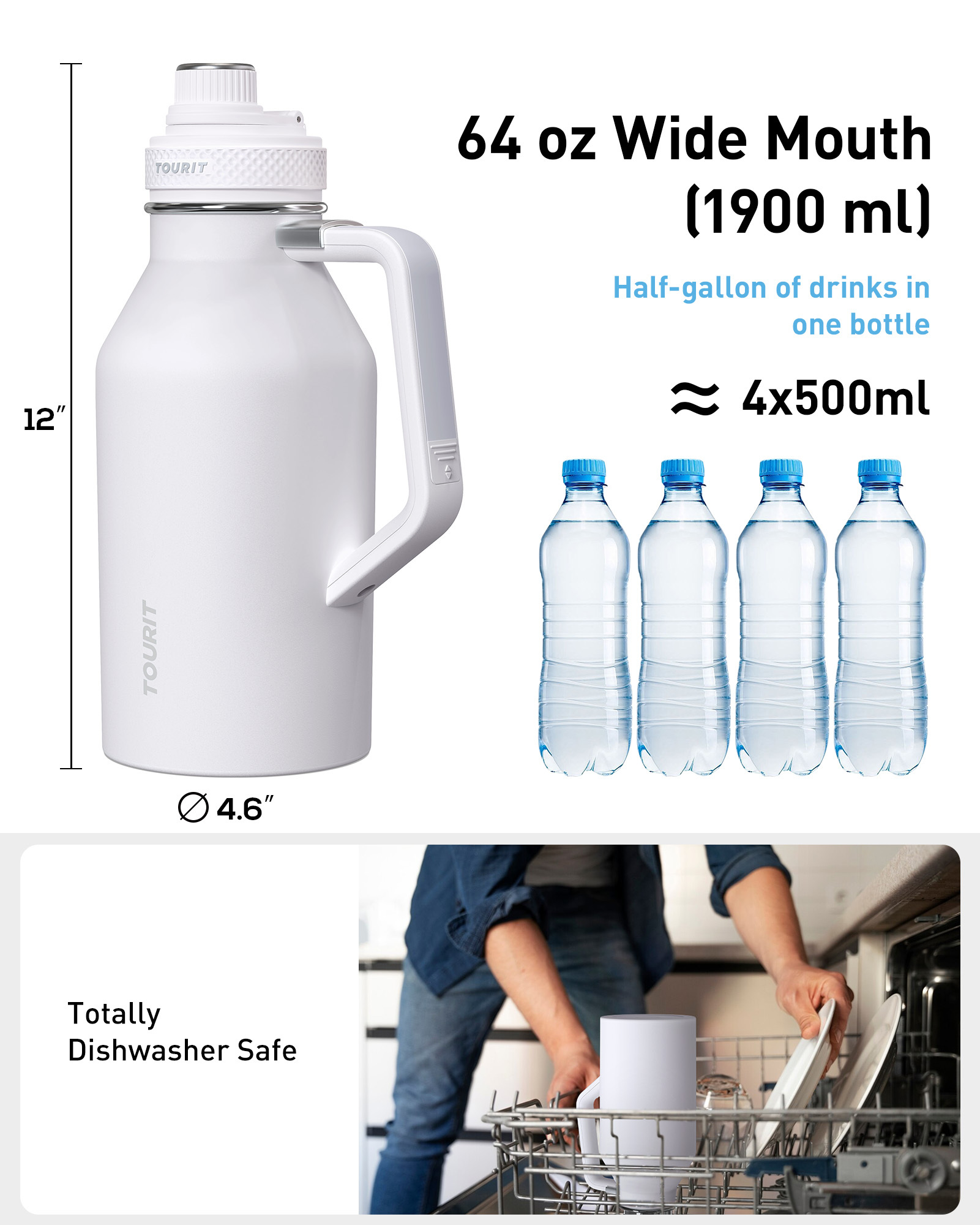 TOURIT 32oz Stainless Steel Wide Mouth Water Bottle White