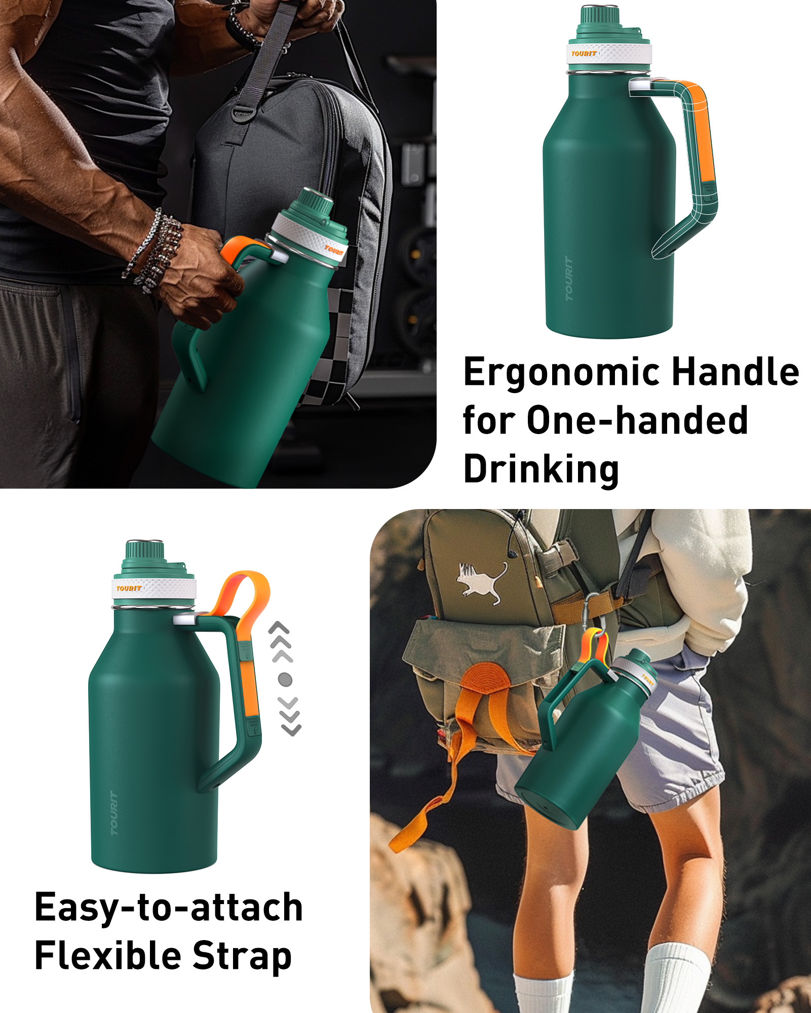 TOURIT 64oz Insulated Water Bottle Stainless Steel Green