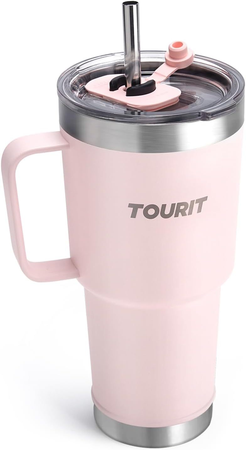 TOURIT 40 oz Tumbler with Handle and Straw Pink