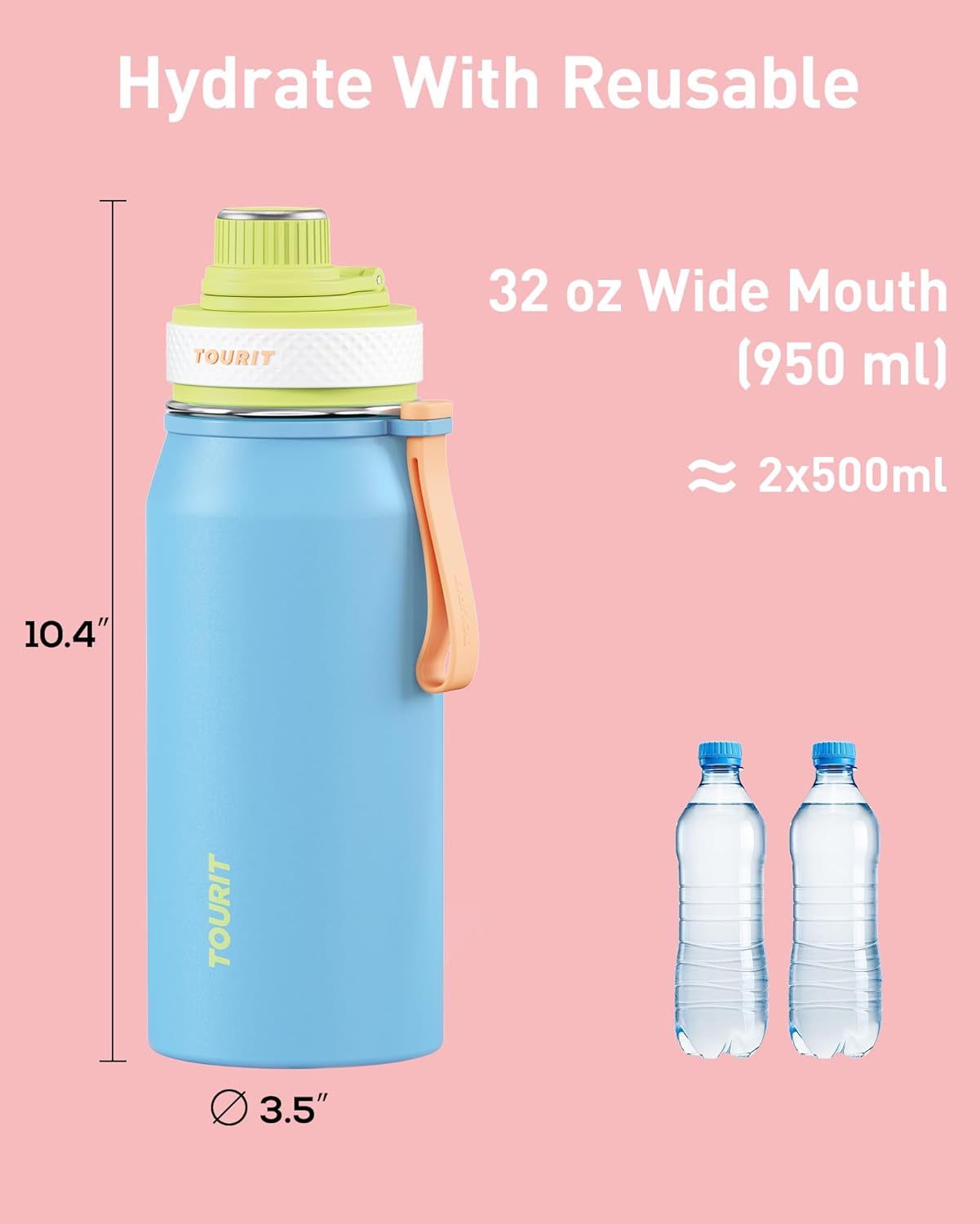 TOURIT 32oz Stainless Steel Wide Mouth Water Bottle, Blue
