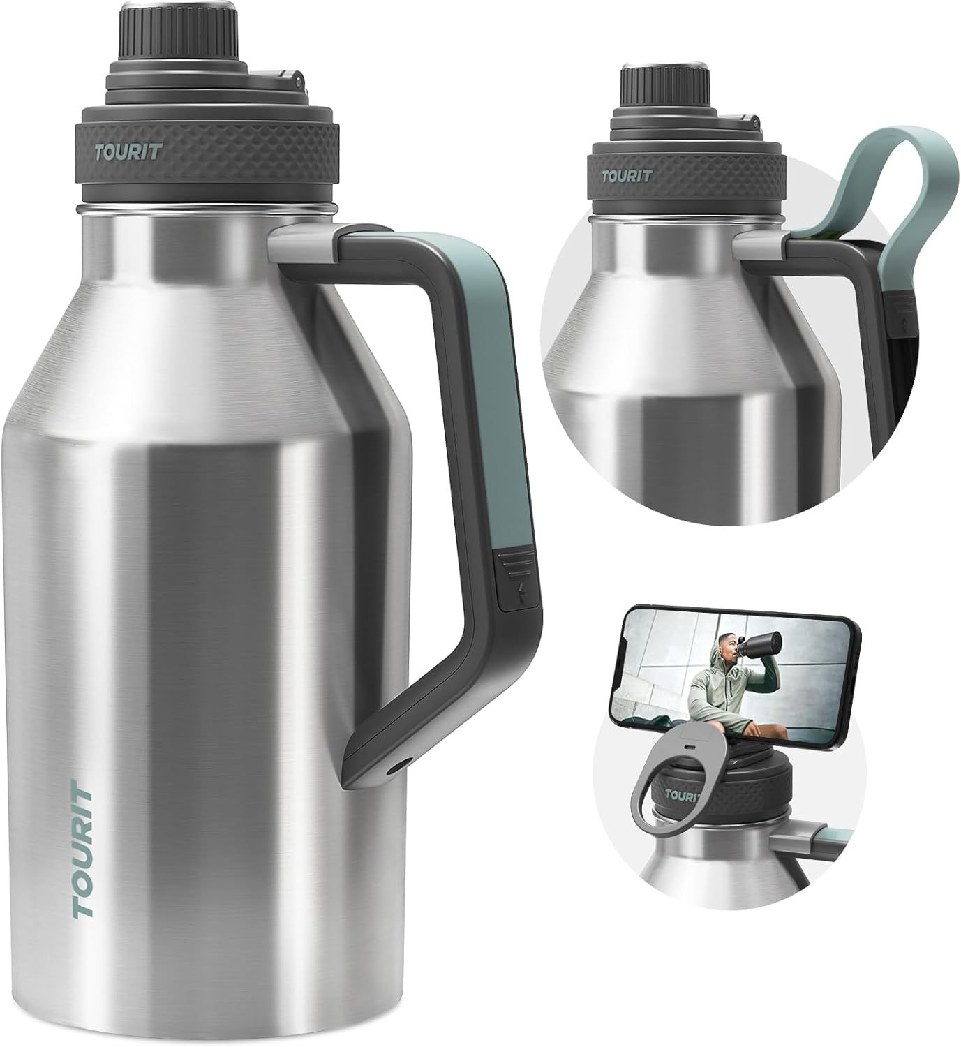 TOURIT 64oz Insulated Water Bottle Stainless Steel Silver