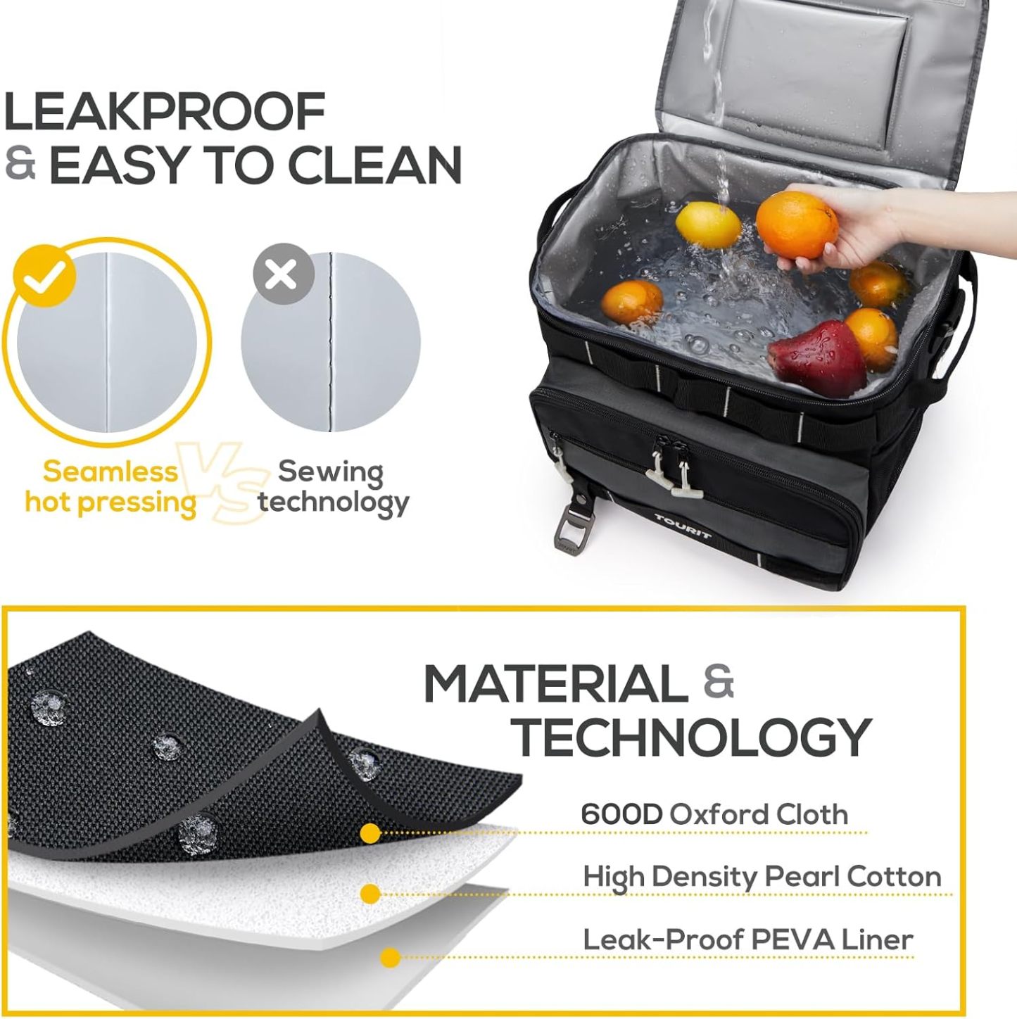 TOURIT 48-Can Leak-Proof Insulated Rolling Cooler Black
