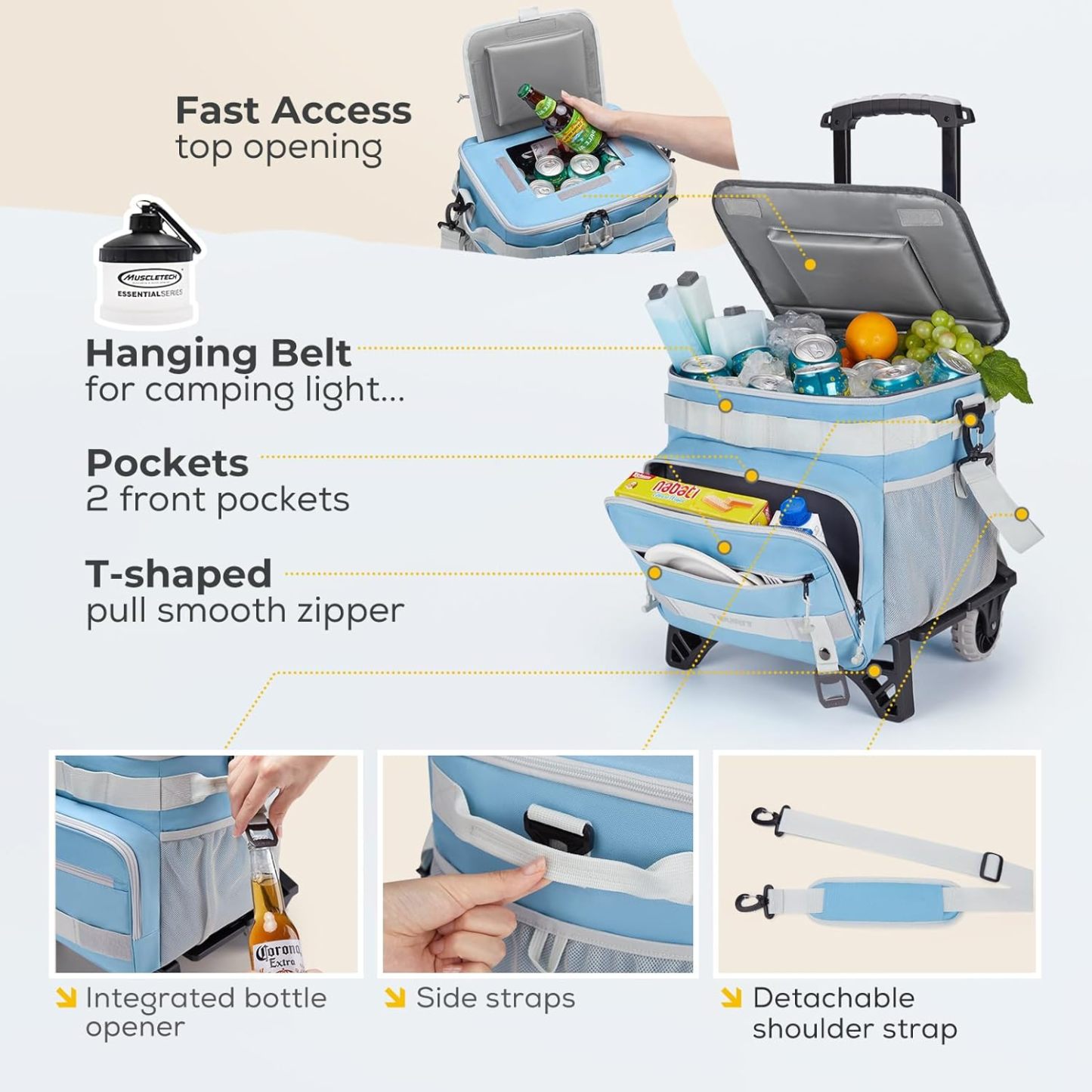 TOURIT 48-Can Leak-Proof Insulated Rolling Cooler Light Blue