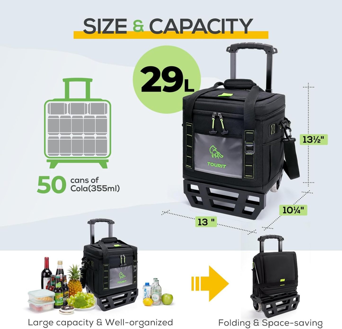 TOURIT Portable 50-Can Collapsible Rolling Soft Cooler Black