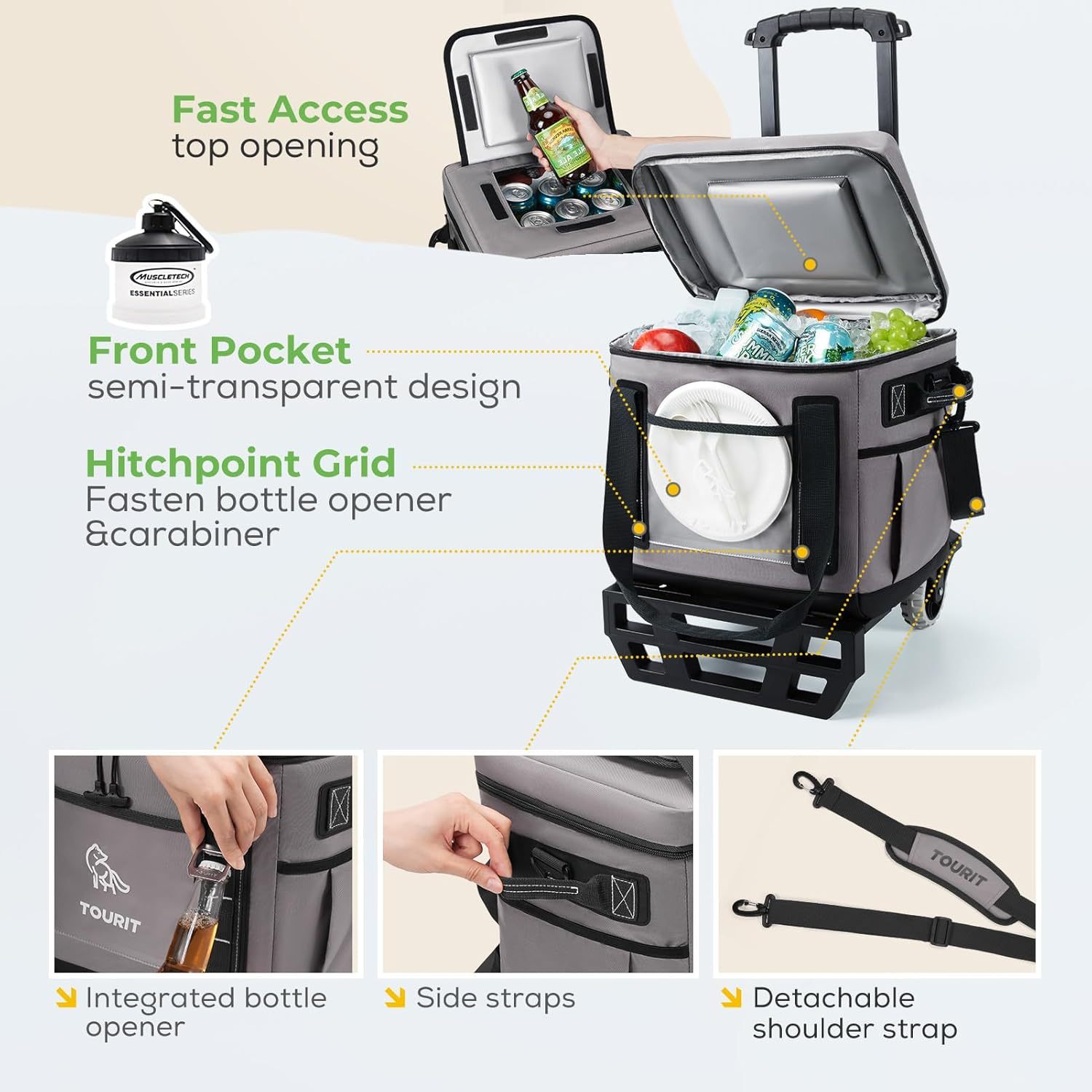 [Copy]TOURIT Portable 50-Can Collapsible Rolling Soft Cooler Grey