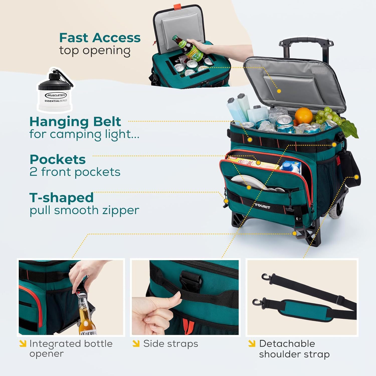 TOURIT 48-Can Leak-Proof Insulated Rolling Cooler Green