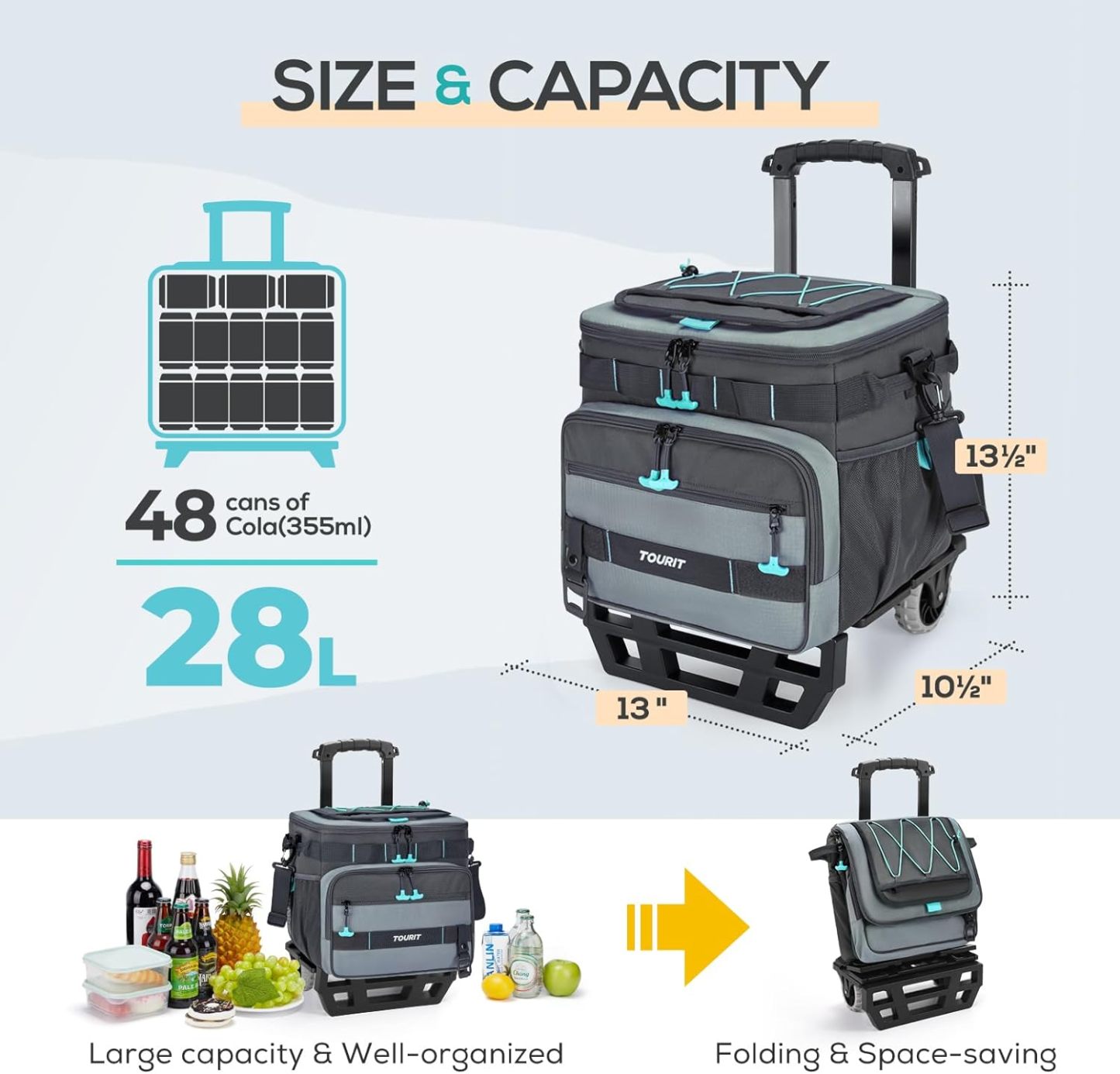 TOURIT 48-Can Leak-Proof Insulated Rolling Cooler Black