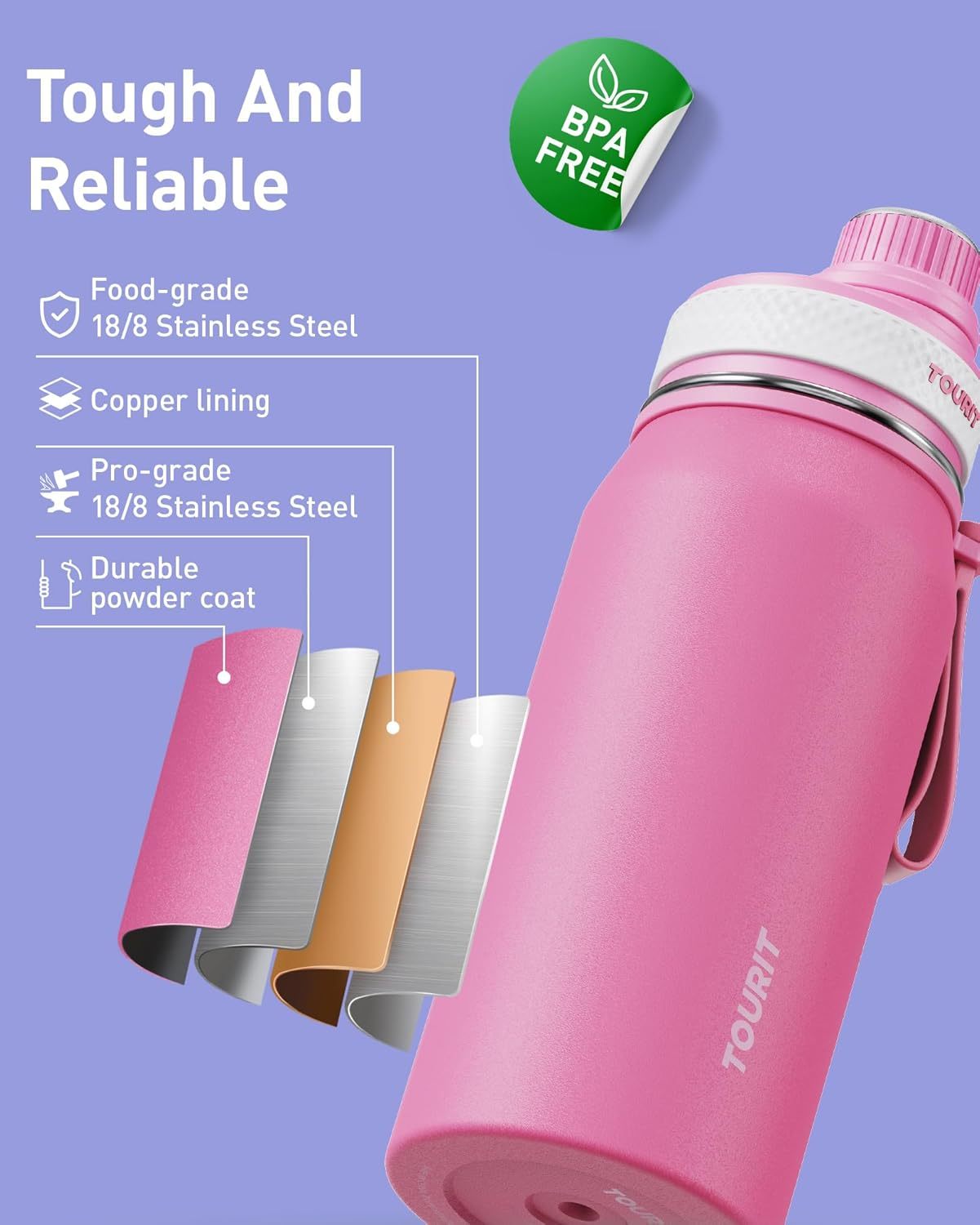 TOURIT 32oz Stainless Steel Wide Mouth Water Bottle Rose Pink