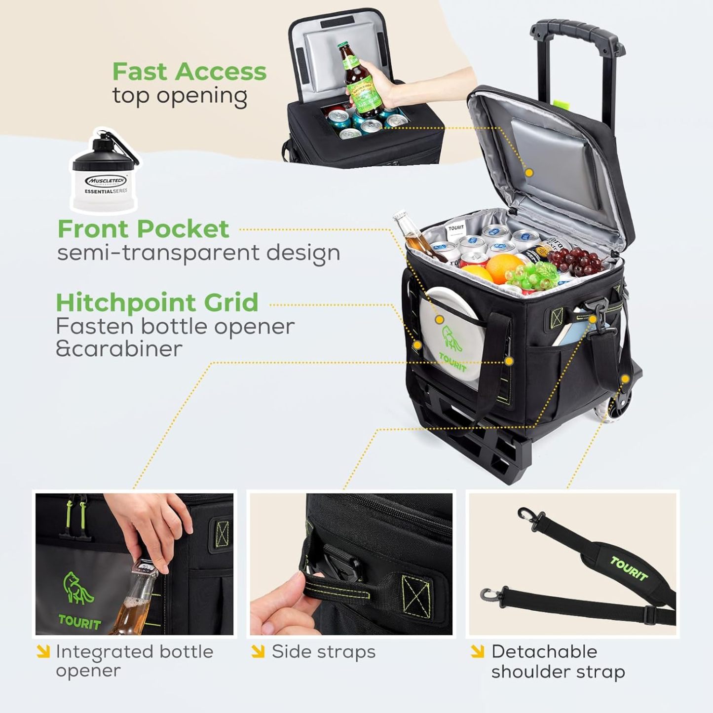 TOURIT Portable 50-Can Collapsible Rolling Soft Cooler Black