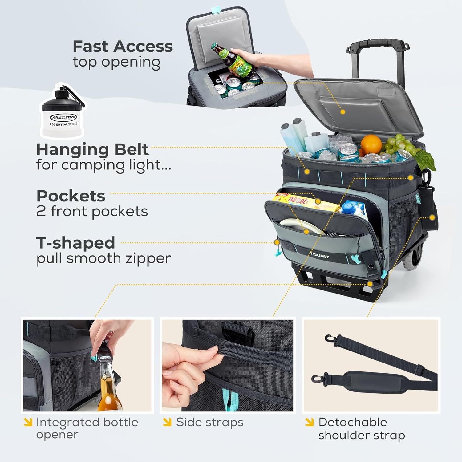TOURIT Collapsible 48-Can Leak-Proof Insulated Rolling Cooler Grey
