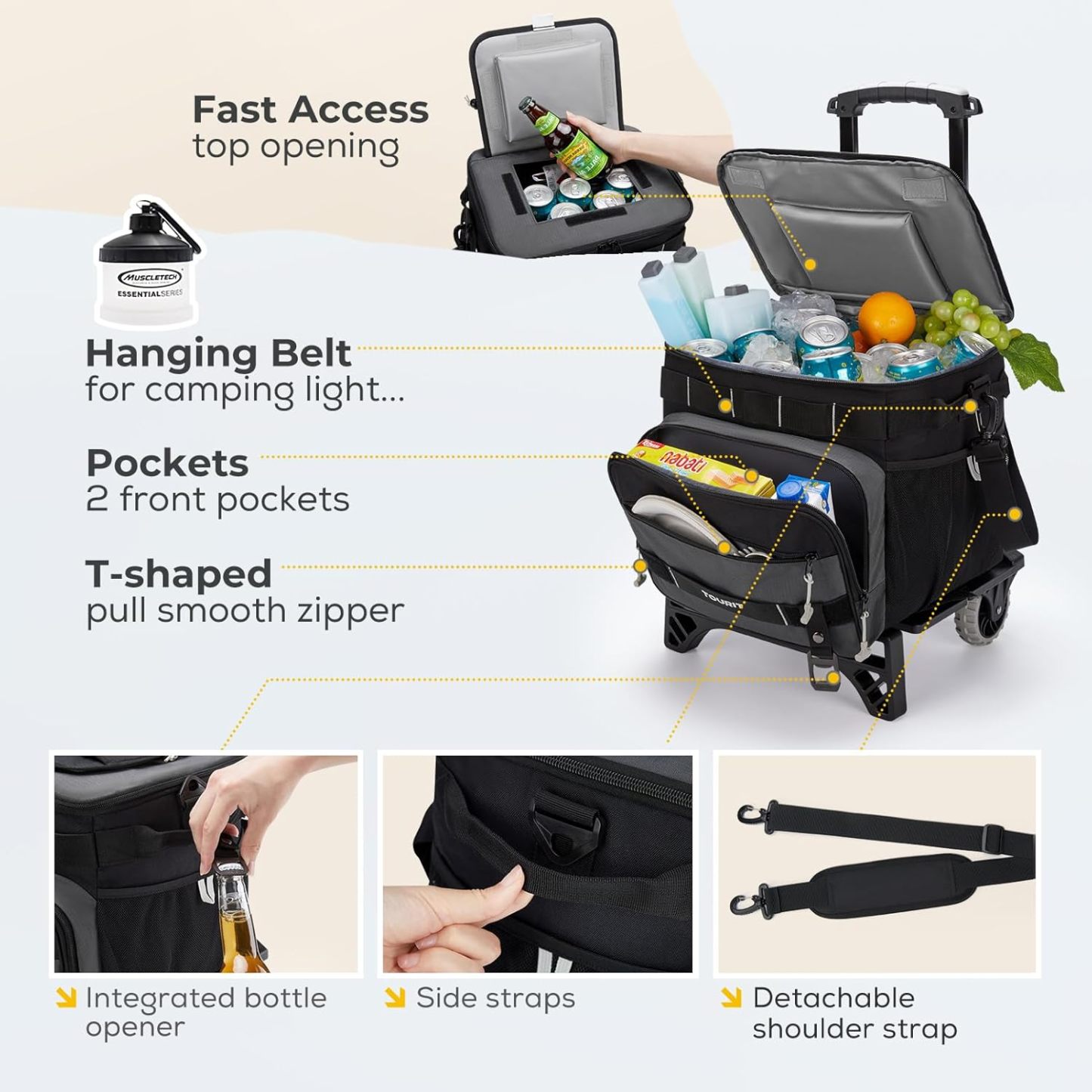 TOURIT 48-Can Leak-Proof Insulated Rolling Cooler Black