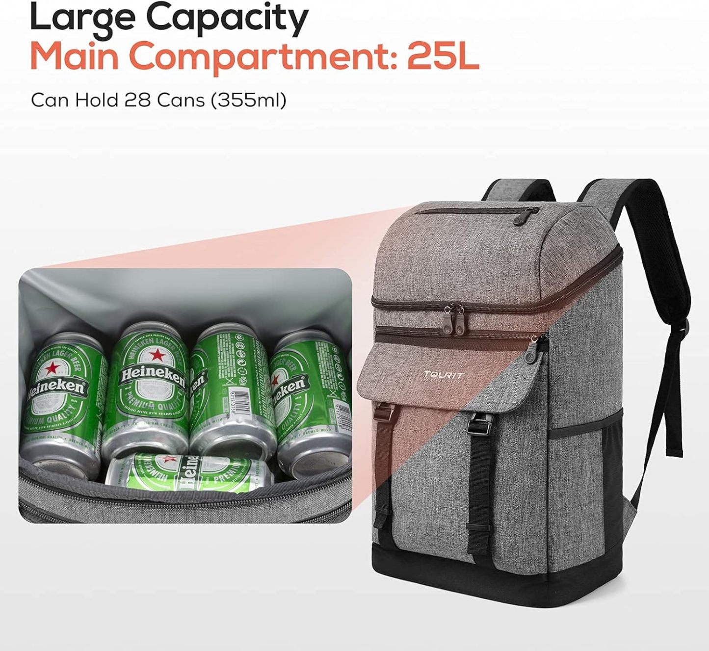 TOURIT Backpack Cooler Leak Proof 28 Cans Cooler Backpack Grey