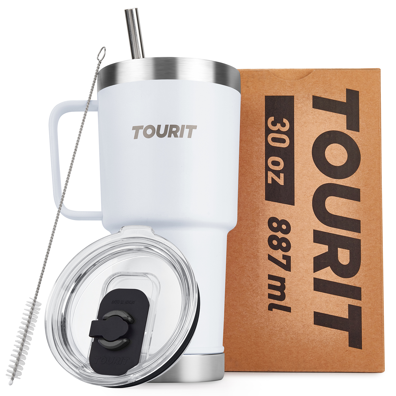 TOURIT 30oz Insulated Tumbler with Handle and Straw White