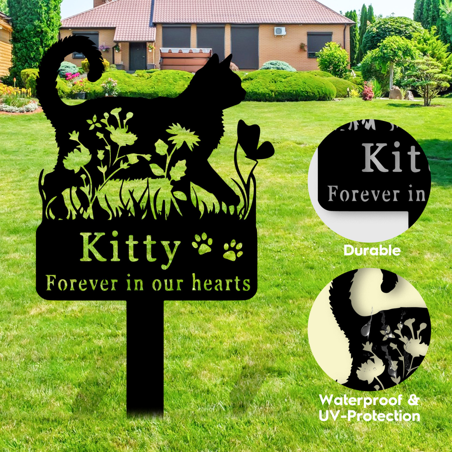 Custom Cat Memorial Stake,Cat Grave Marker,Metal Cat Garden Stake with Flowers